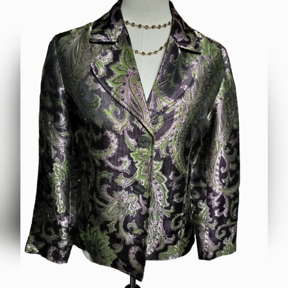 2143)Chico's Purple Green Paisley Metallic Silk Bend Blazer Size 1 (US 8/Medium